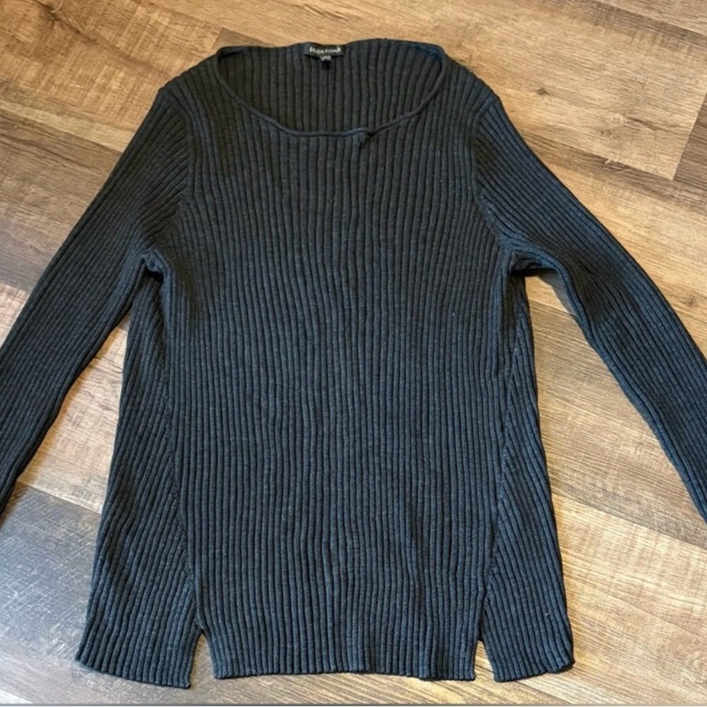 Eileen Fisher Black Ribbed Knit Top 100% Merino Wool - Picture 4 of 4